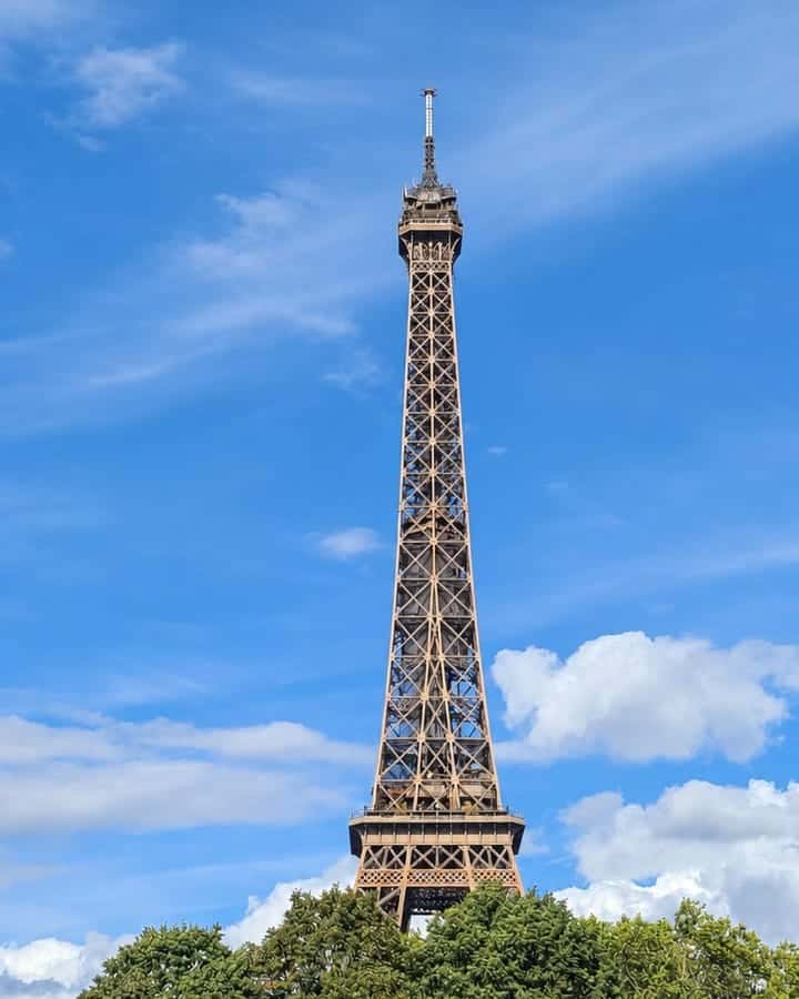 The Eiffel Tower above green trees under a blue sky in Paris; pedestrians and window reflections removed