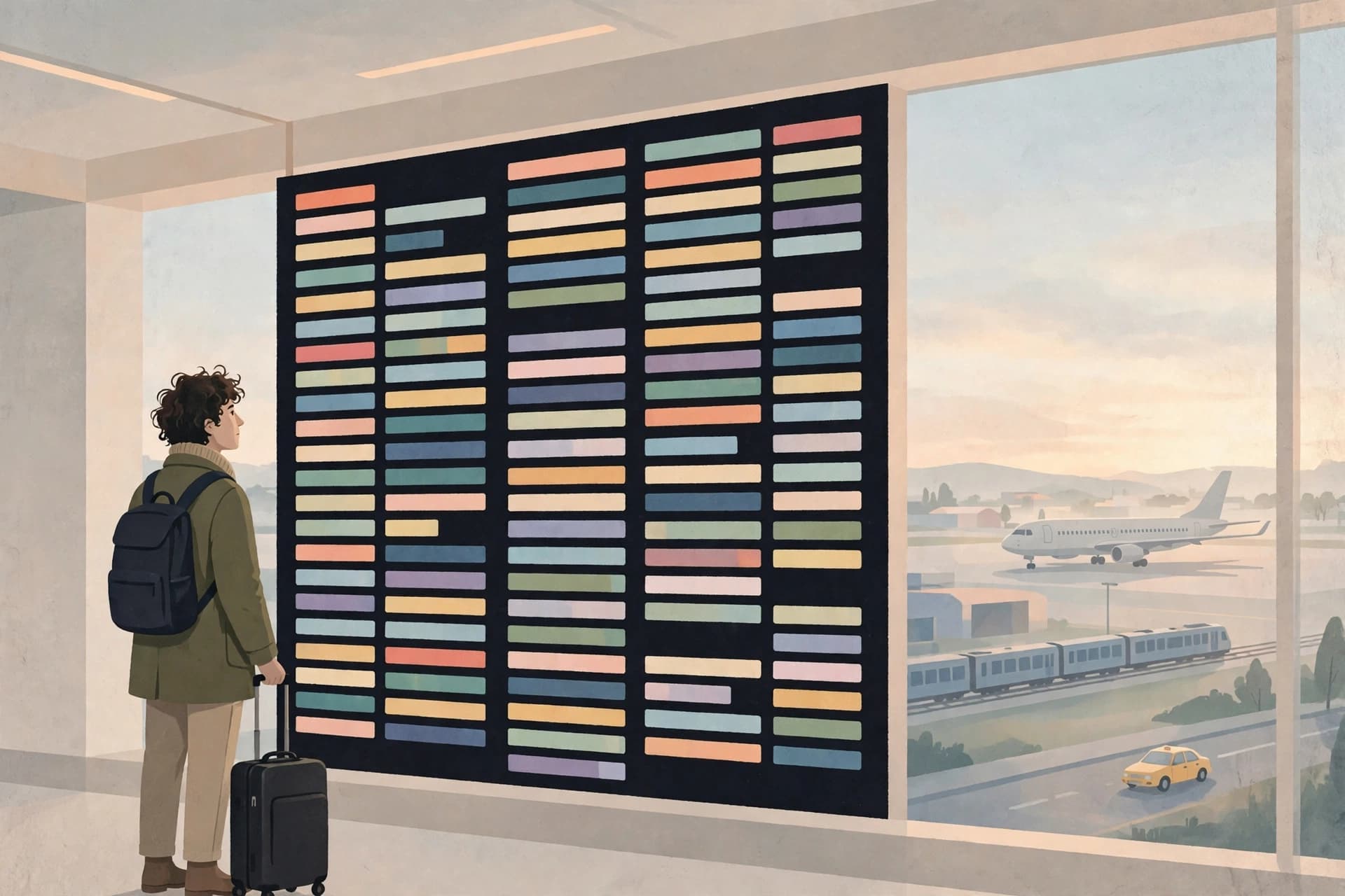 Illustration of a traveller at an airport departure board, with an aircraft, a train and a taxi outside the window