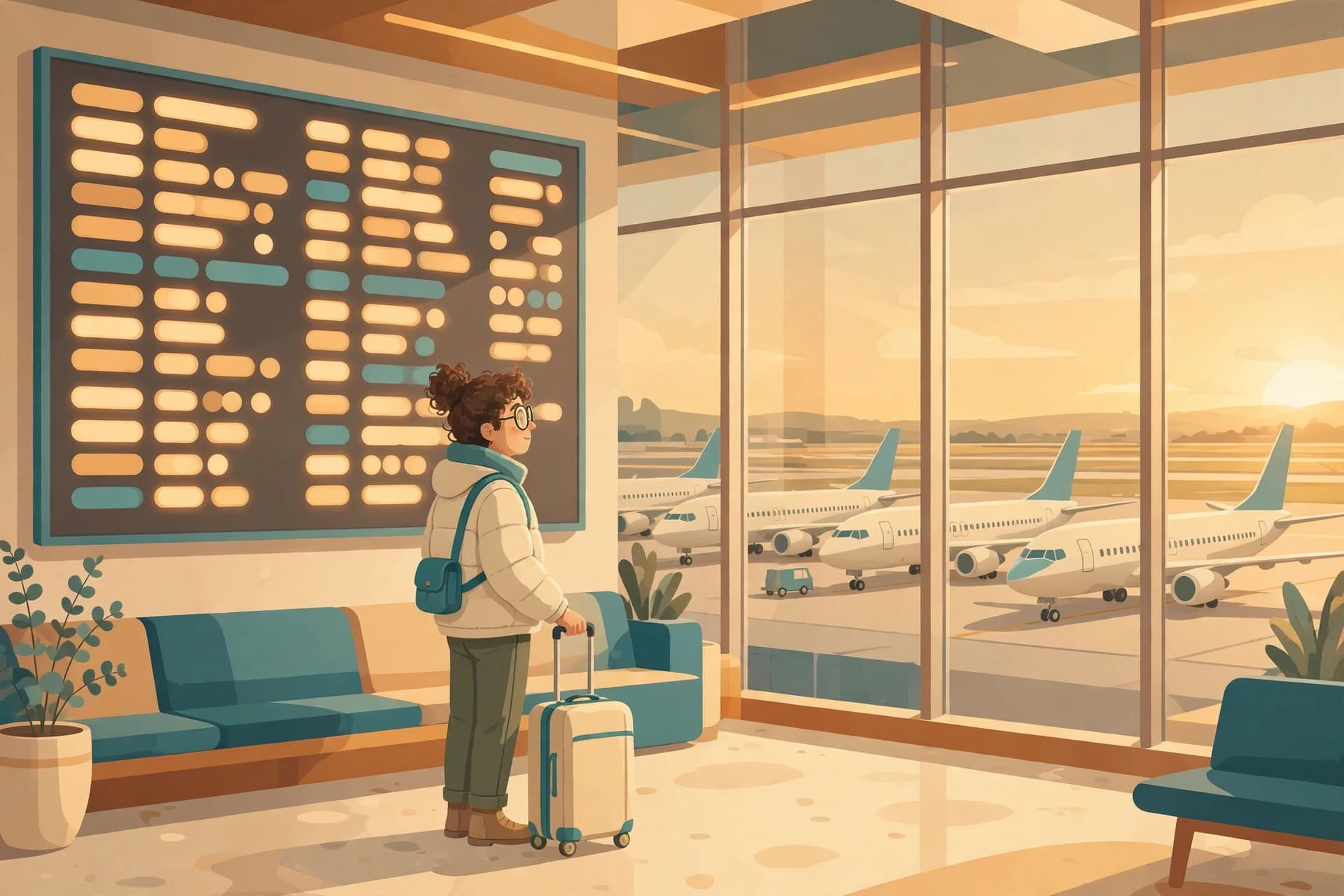 Illustration d'un voyageur avec une valise à roulettes regardant un panneau des départs d'aéroport à la lumière dorée; le panneau ne montre que des barres abstraites, sans mots