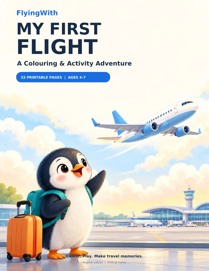 Portada del cuaderno My First Flight con un pingüino viajero