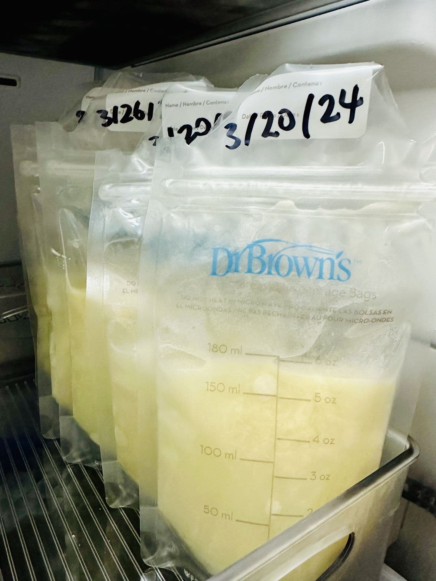 Bolsas de almacenamiento de leche materna congelada, colocadas de pie en un congelador doméstico