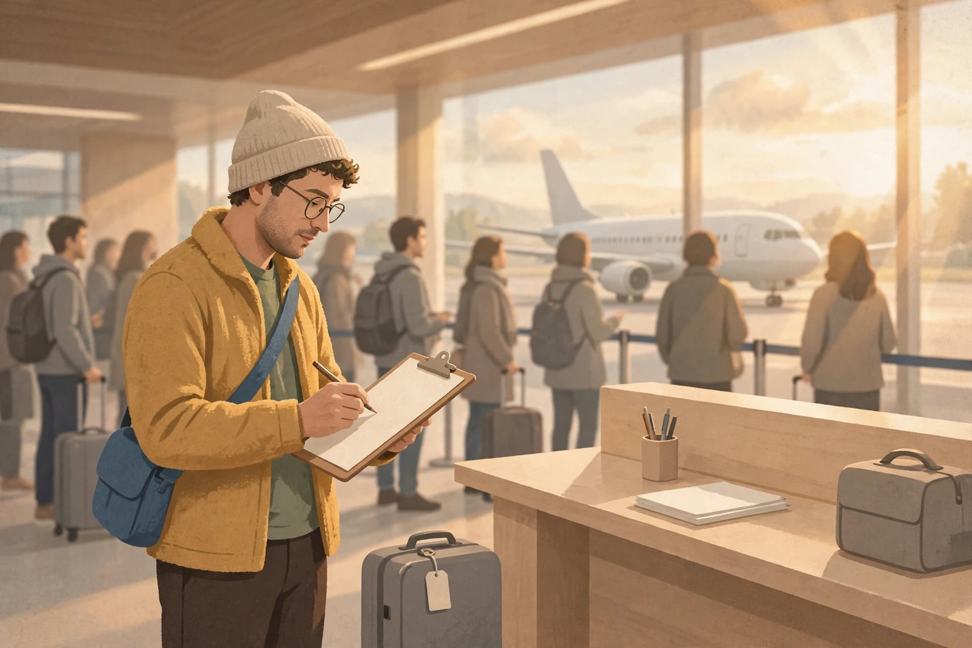 Illustration of a traveller filling in a blank form on a clipboard at an airport check-in counter, with a queue of passengers and an aircraft outside the window
