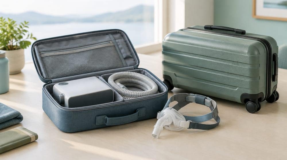 Illustration d’une PPC, de son tuyau et de son masque avec un sac médical et une valise cabine